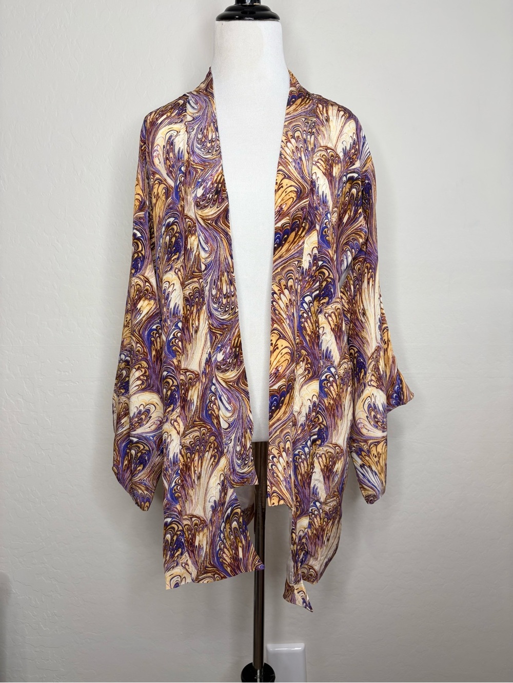 Winter Kate 100% Vintage Silk Kimono Duster Marbled Print Purple Gold Size Large